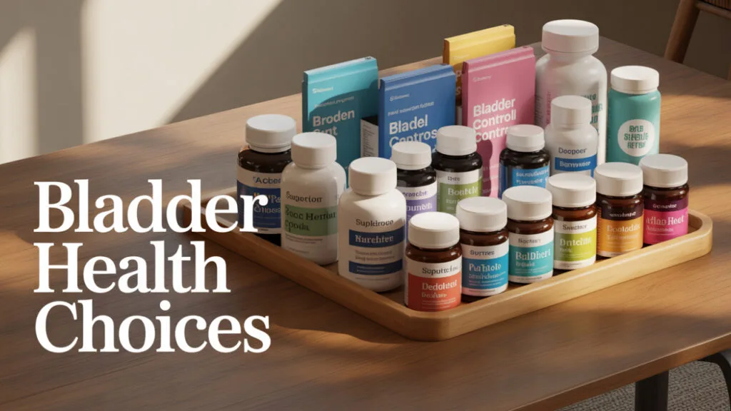 Variety of bladder control supplements grouped by category