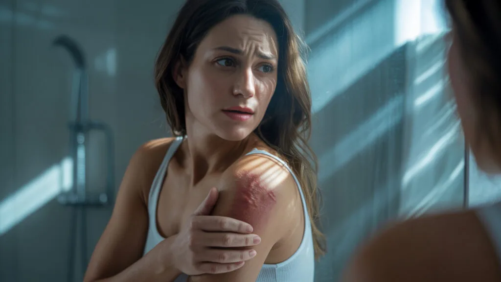 Woman examining scar in mirror with soft lighting and emotional expression