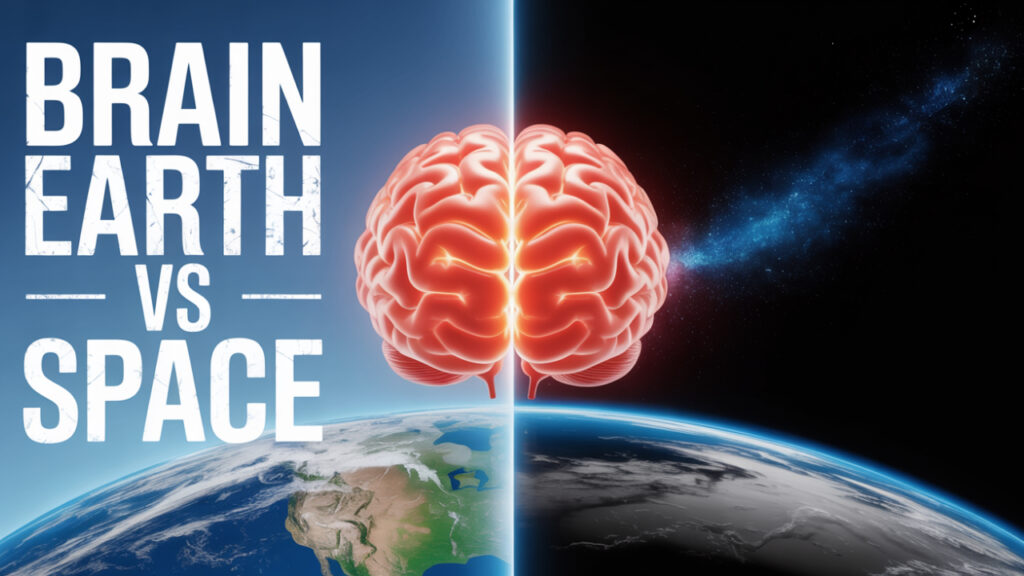 Split view of sky from Earth vs space and a glowing brain