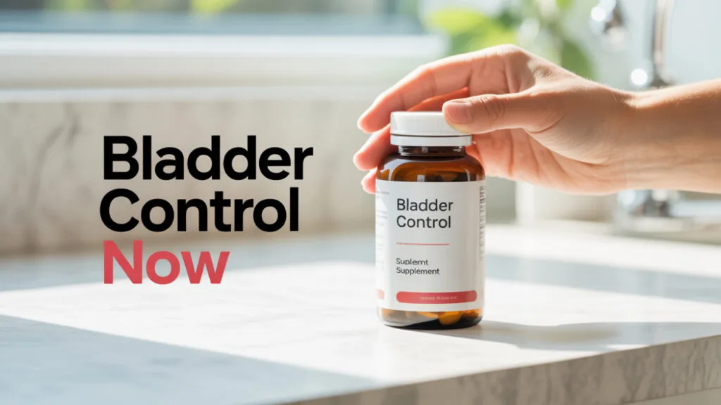Hand holding bladder control supplement bottle on countertop