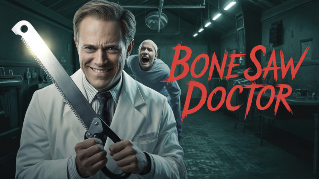 Smirking doctor holding bone saw near restrained patient
