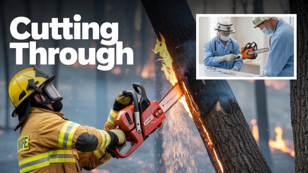 Chainsaw used in wildfire rescue and old medical flashback