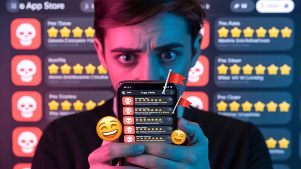 Confused user reviewing suspicious free VPN apps