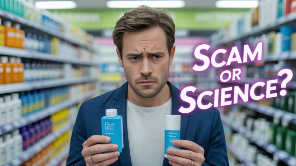 Confused man comparing two hair loss products in pharmacy