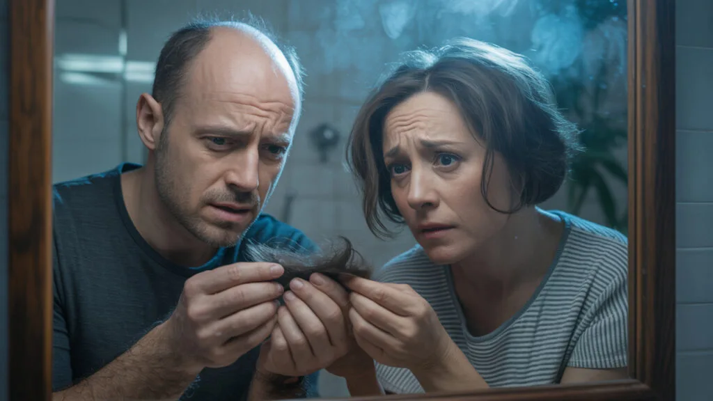 Man and balding woman holding clumps of hair in front of mirror