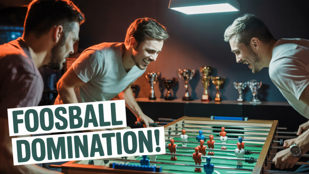 Two players locked in a tense foosball match with motion blur