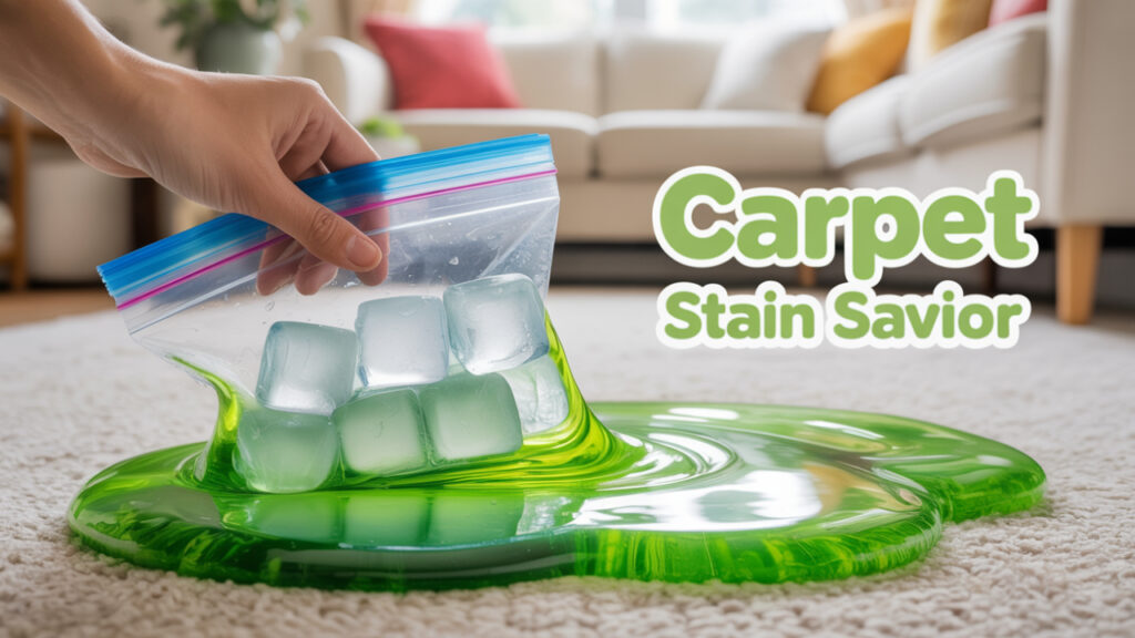 Ice pack freezing green slime on beige carpet