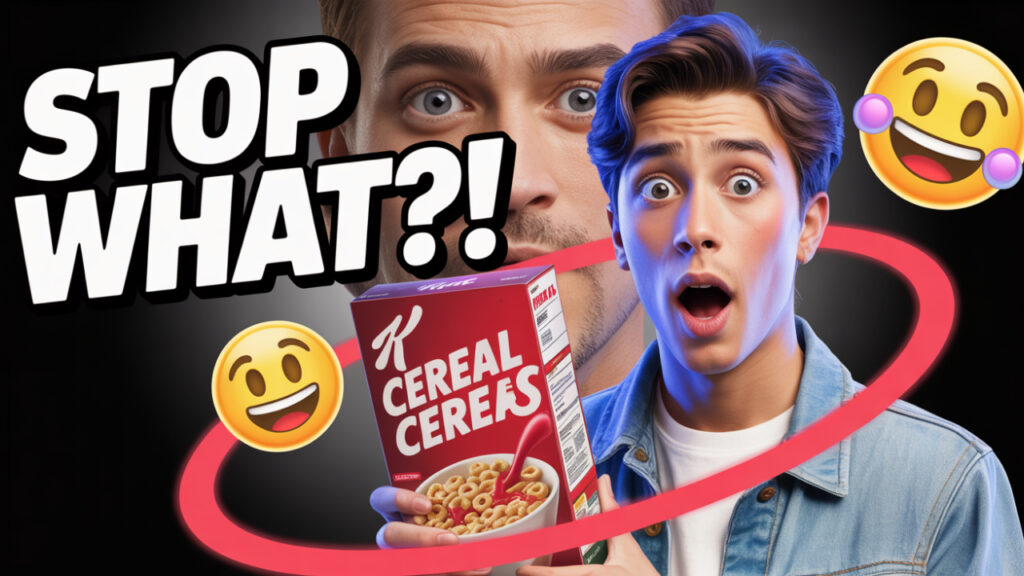 Shocked Gen Z person holding corn flakes with viral meme overlay