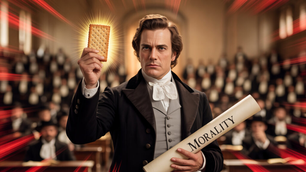 Preacher holding cracker to symbolize food and moral control in history