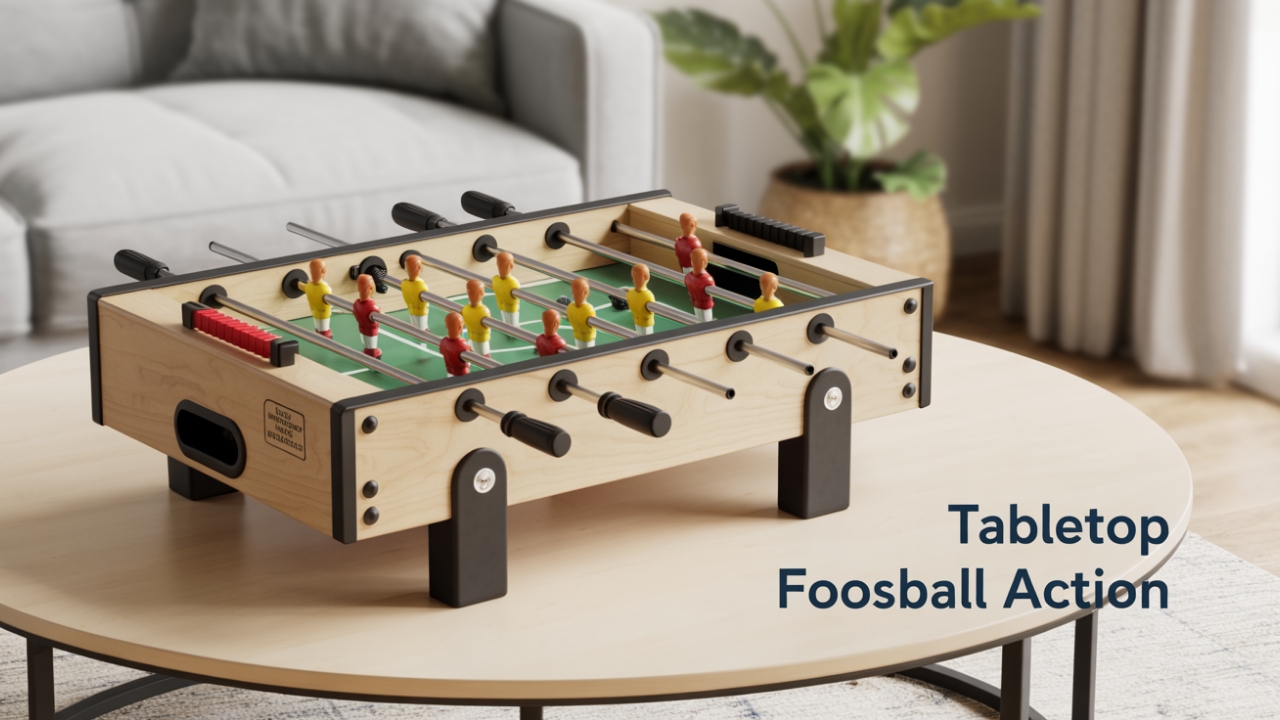 Mainstreet Classics 20” Tabletop Foosball Game Mainstreet Classics 20-inch mini foosball table on living room table