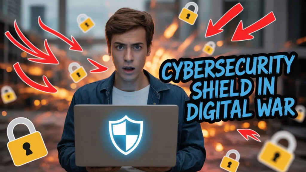 Man shocked by laptop displaying VPN security shield