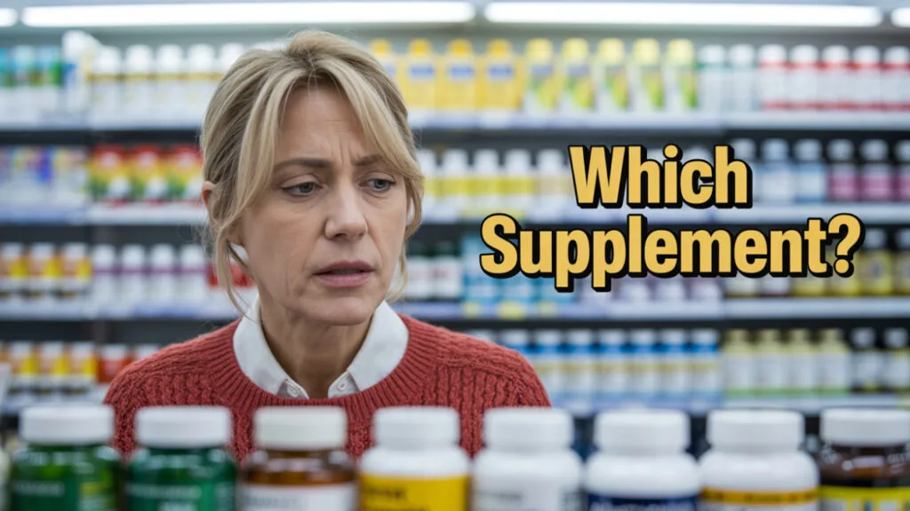 Person confused choosing supplements at pharmacy