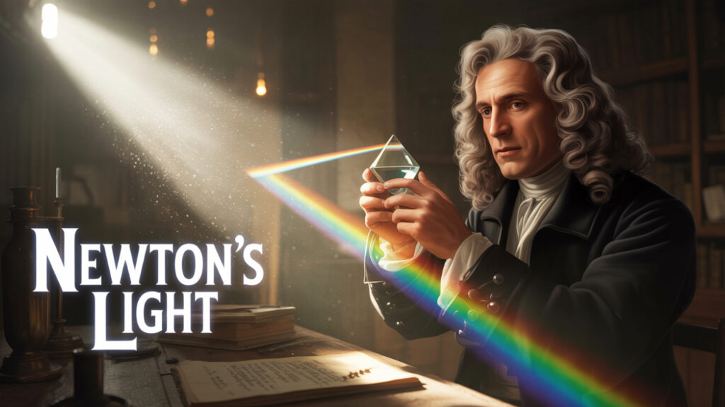 Isaac Newton splitting sunlight into a rainbow with a prism