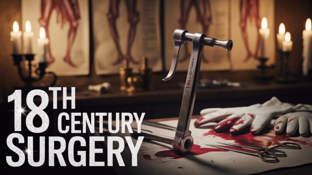18th-century surgical chainsaw on bloodied table