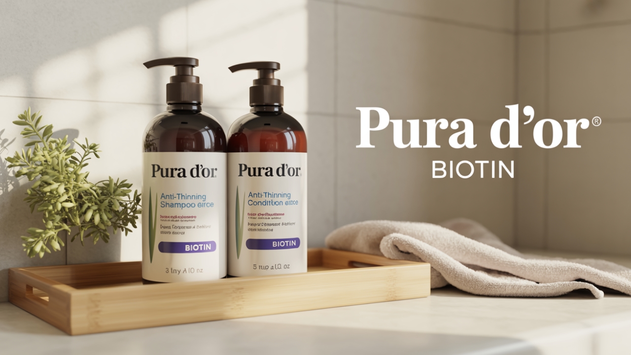 Pura D’OR Biotin Shampoo & Conditioner – Natural Hair Thinning Solution Pura D’OR biotin shampoo and conditioner bottles on wood tray with towel