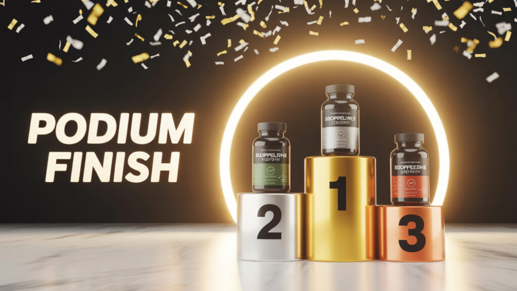 Top fat burners ranked on a glowing winner’s podium