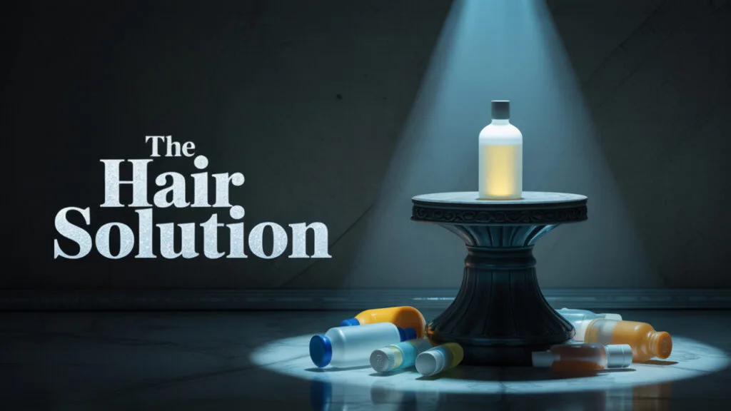 Mysterious glowing hair loss cure surrounded by shadows