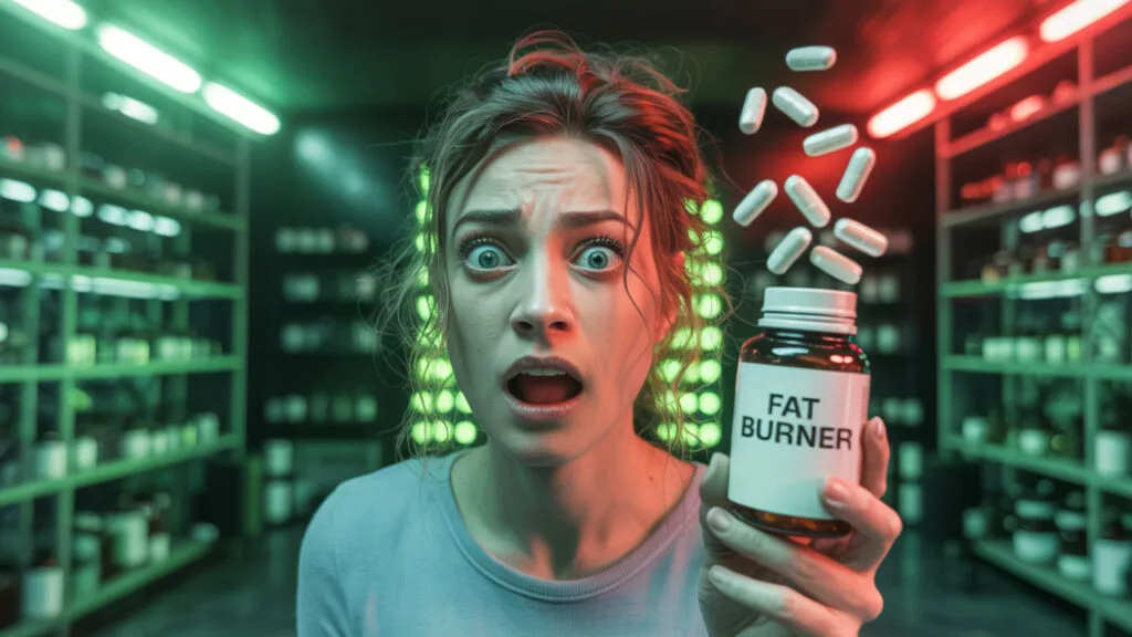 Woman shocked by fat burner pills flying through the air