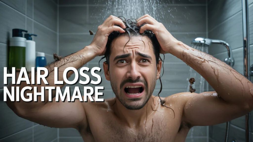 Man making hair loss worse by harshly scrubbing scalp
