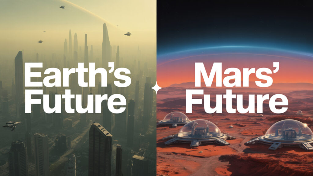 Futuristic Earth and Mars cities under changing sky colors