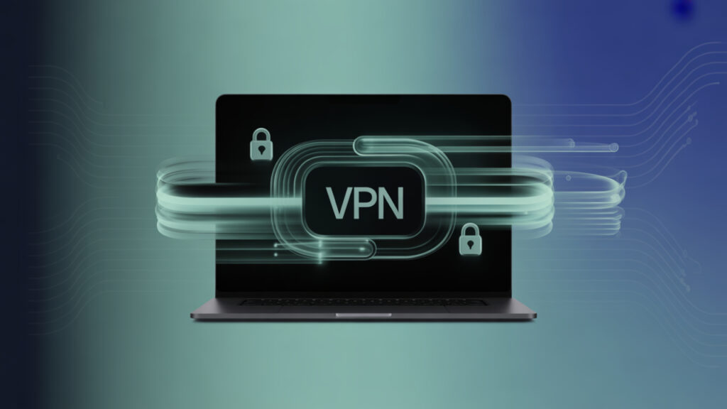 Stylized image of a generic VPN interface with glowing secure network visuals and privacy icons, created for a Surfshark VPN product review.
