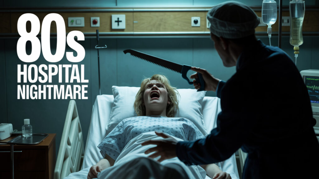 Woman restrained in outdated hospital room with chainsaw in background