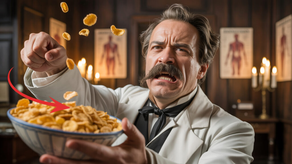 Angry Victorian doctor throws corn flakes across old candlelit office
