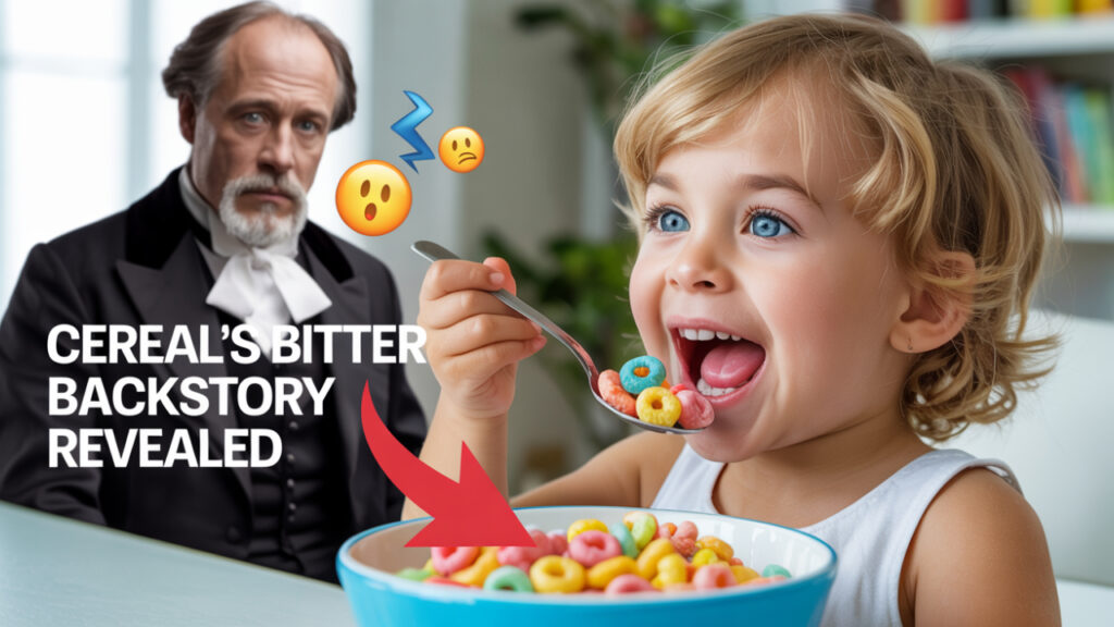 Ghostly Kellogg figure watches a kid enjoy sugary cereal