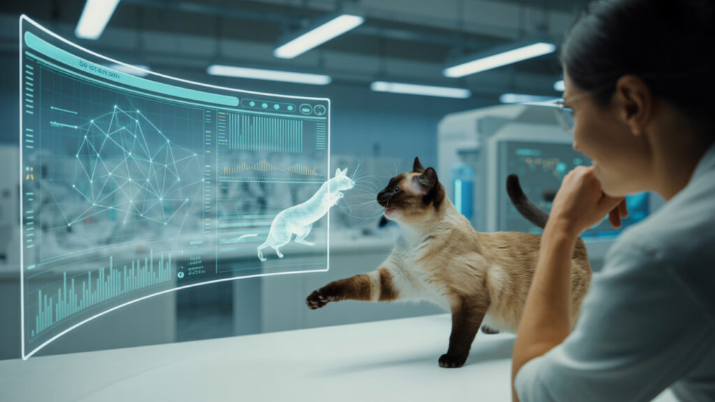 Cat kneading next to futuristic emotion scanner