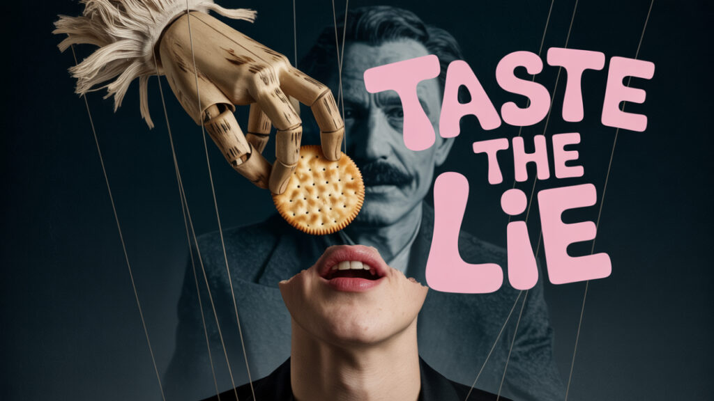 Puppet strings feeding graham cracker into a human mouth