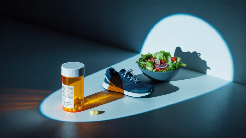 Shadow of lifestyle changes behind supplement bottle