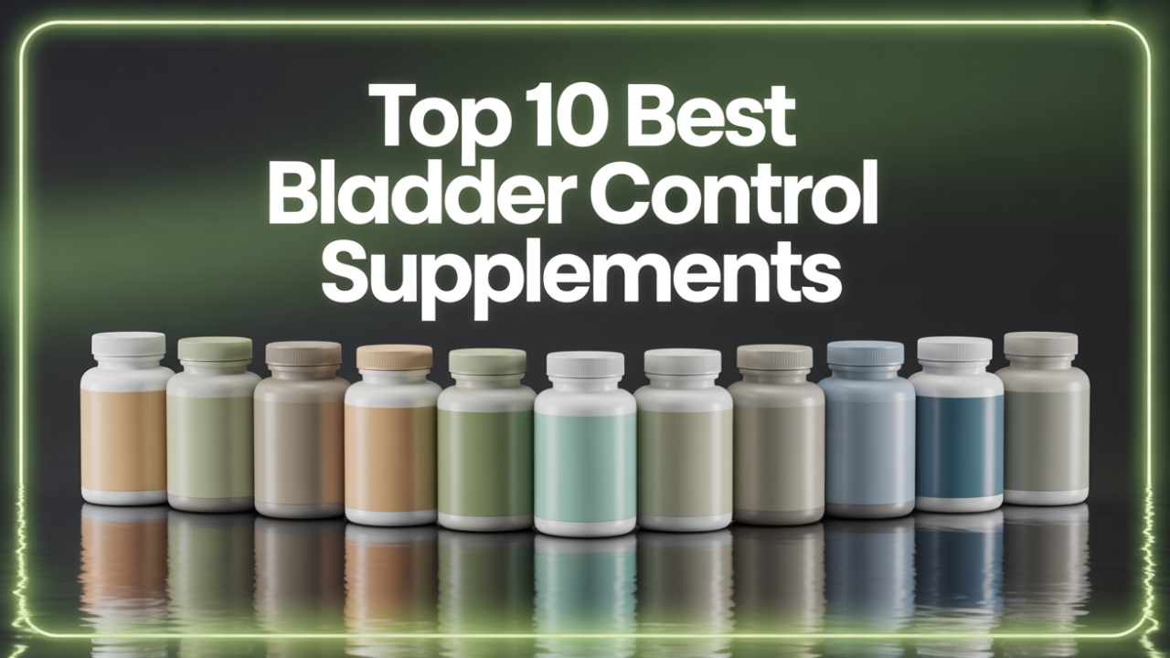 10 realistic bladder control supplement bottles in arc layout