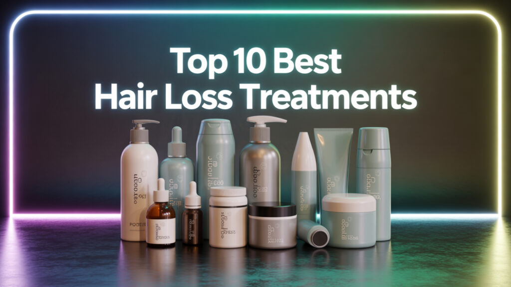 10 modern hair loss treatment products arranged in arc on reflective surface