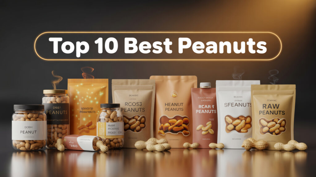 Realistic peanut snack packaging arranged in arc on dark background