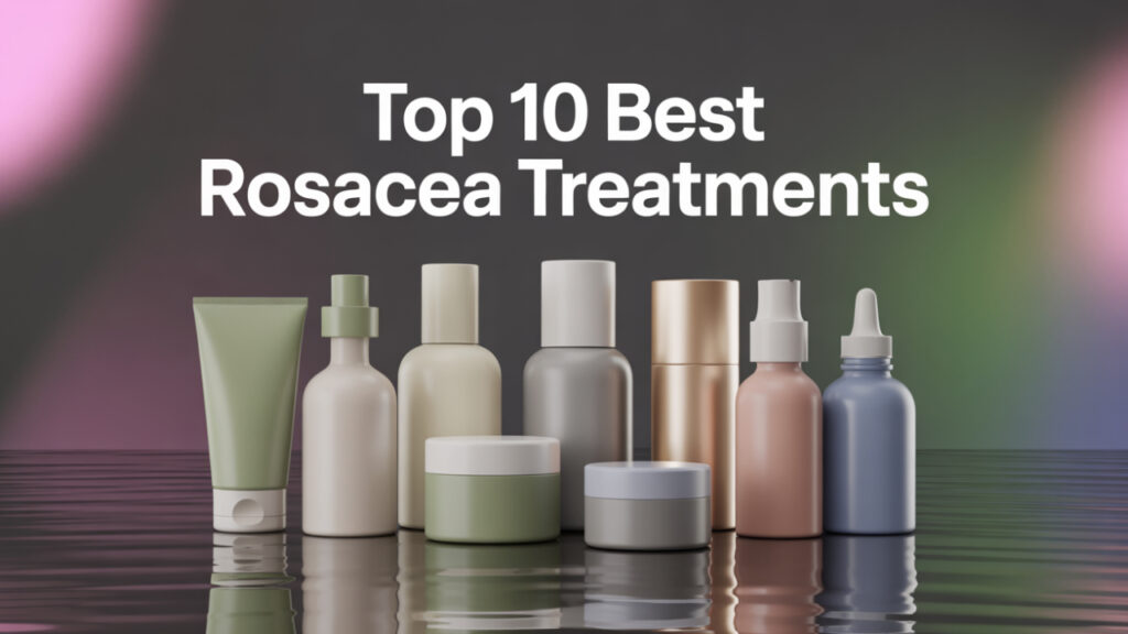 10 skincare bottles and tubes for rosacea relief in a curved product display