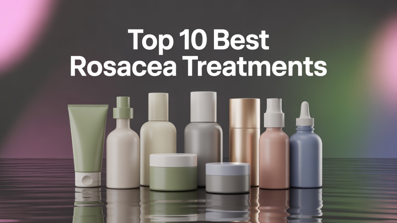 10 skincare bottles and tubes for rosacea relief in a curved product display