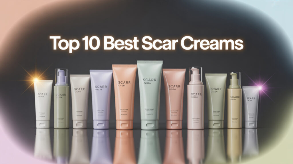 10 modern scar cream tubes and bottles in arc layout