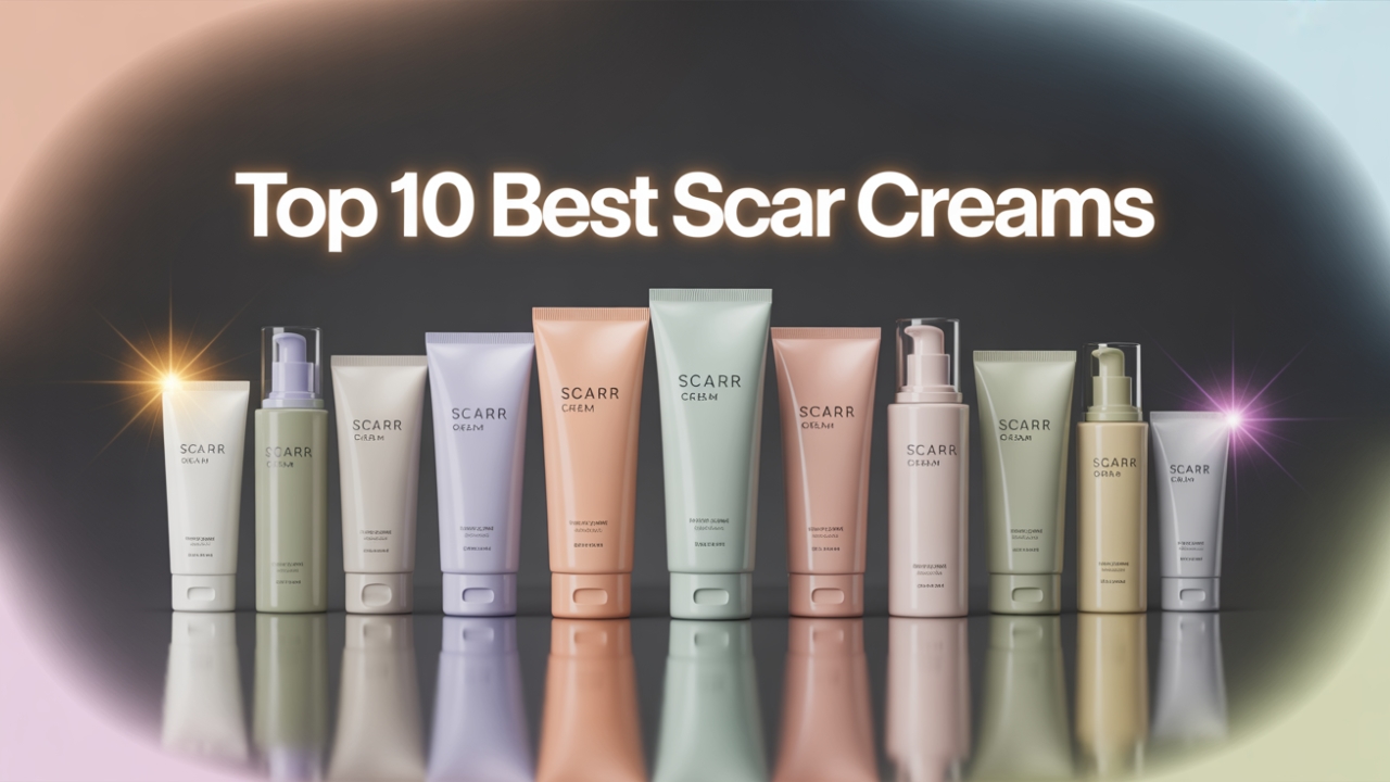 10 modern scar cream tubes and bottles in arc layout