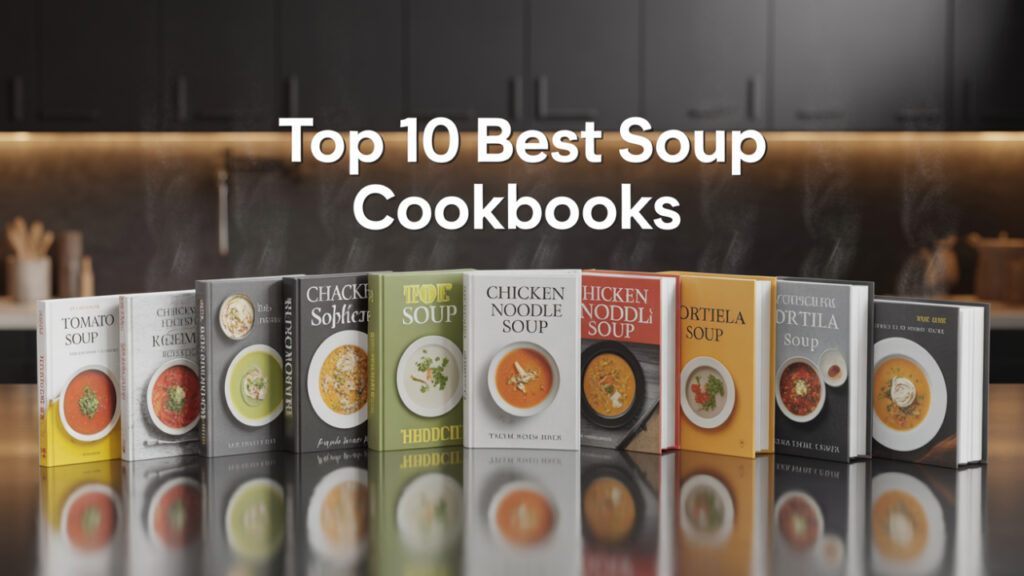 Soup cookbooks displayed on glossy black table with warm lighting