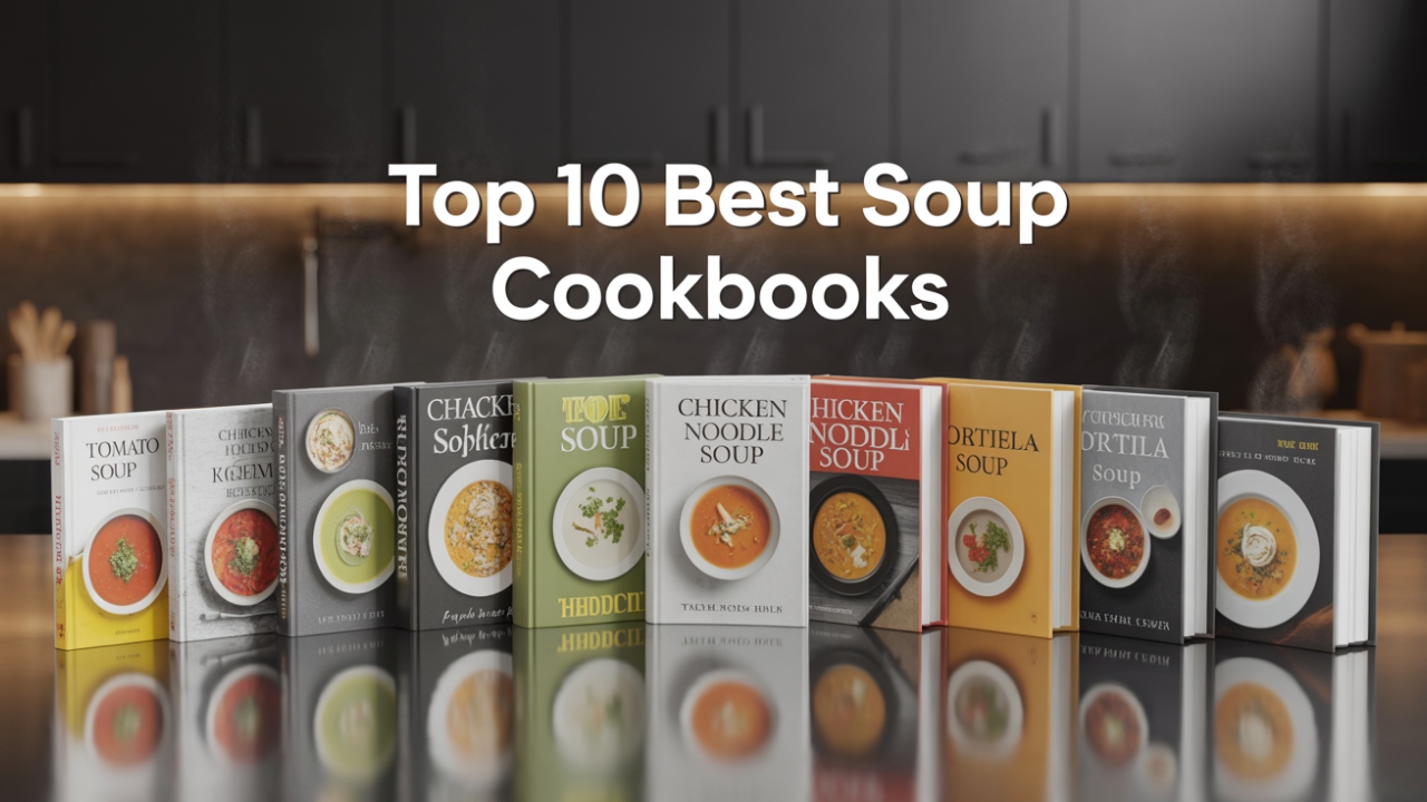 Top 10 Best Soup Cookbooks (Ranked & Reviewed) Soup cookbooks displayed on glossy black table with warm lighting
