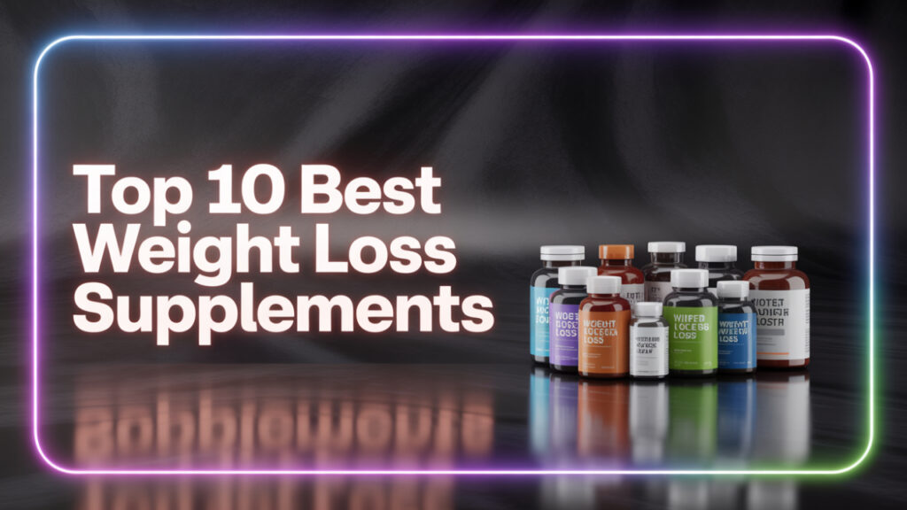 10 weight loss supplement bottles and jars in arc layout