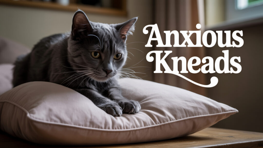 Cat kneading pillow with claws and intense focus