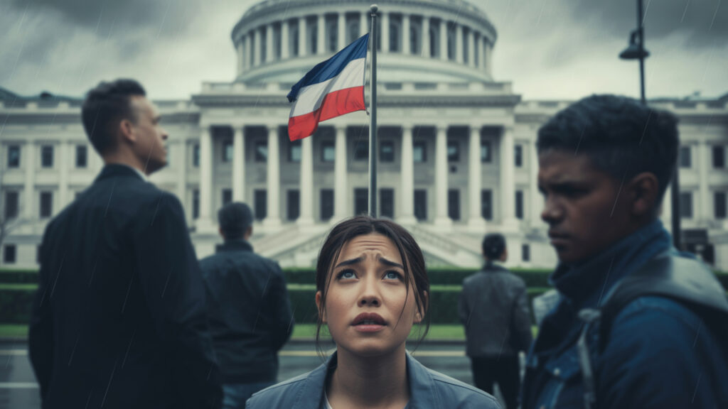 U.S. flag at half mast on cloudy day with emotional woman looking up
