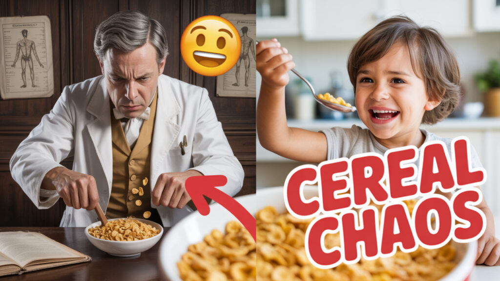 Angry Victorian doctor slamming corn flakes as smiling child eats cereal