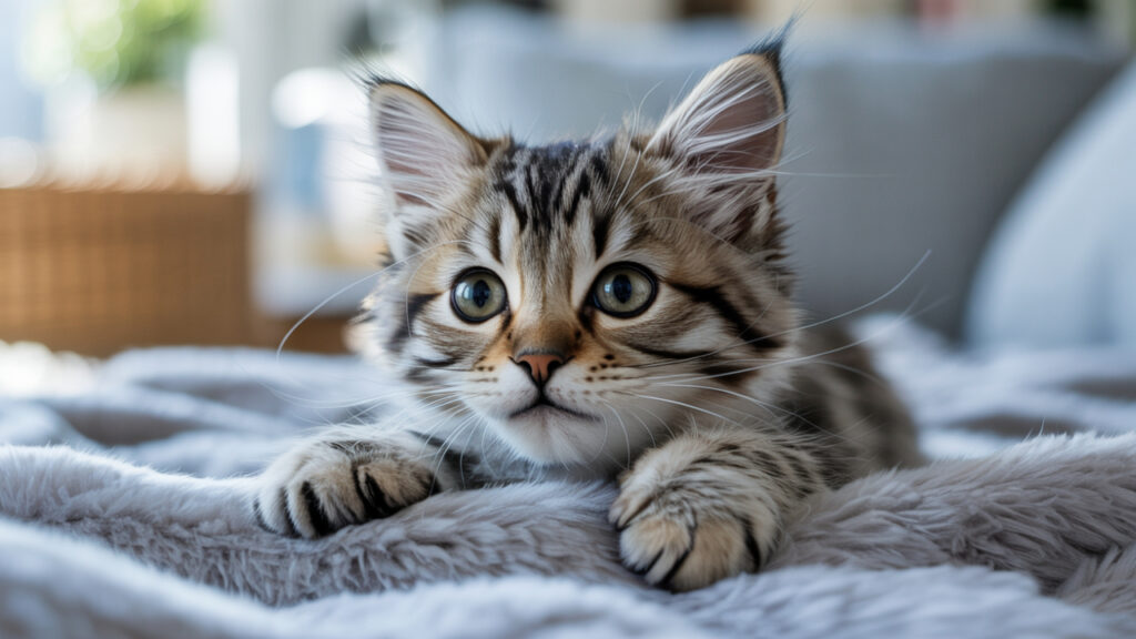 Cat kneading a blanket with dreamy eyes and soft paws