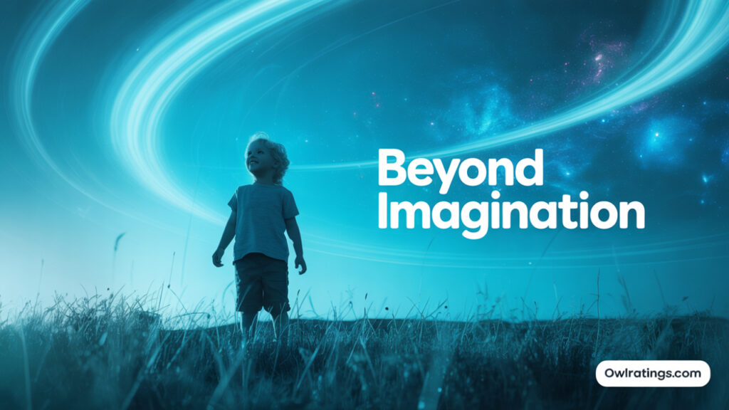 Child looking up at a vivid blue sky glowing with cosmic scattering