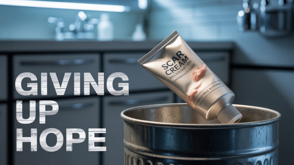 Discarded scar cream tube in a trash can under dramatic lighting