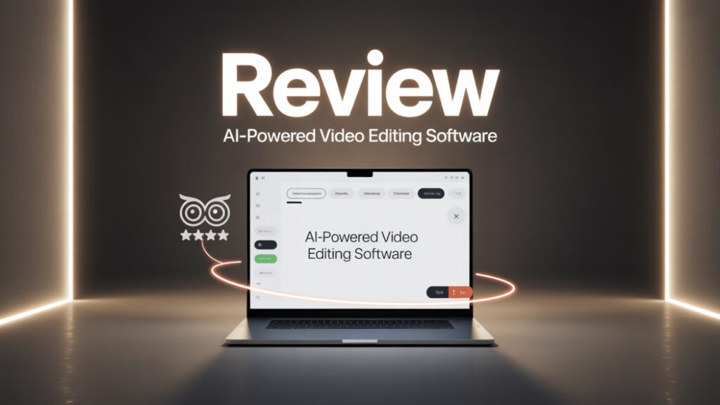 A modern AI-powered video editing software interface displayed on a laptop screen, showcasing the sleek design and user-friendly layout of the program.