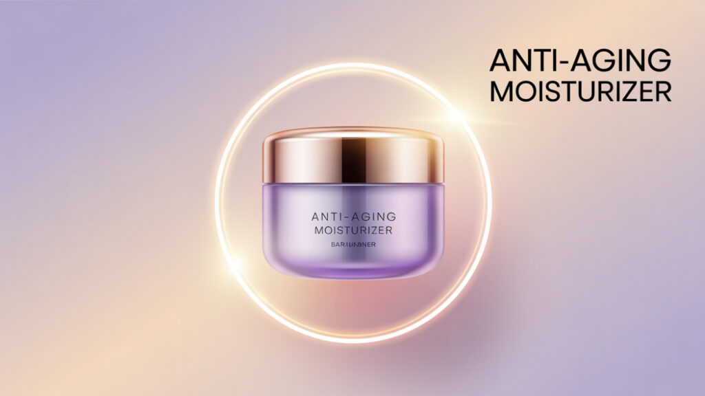 Abstract representation of an anti-aging moisturizer with soft lighting and a glowing ring effect.