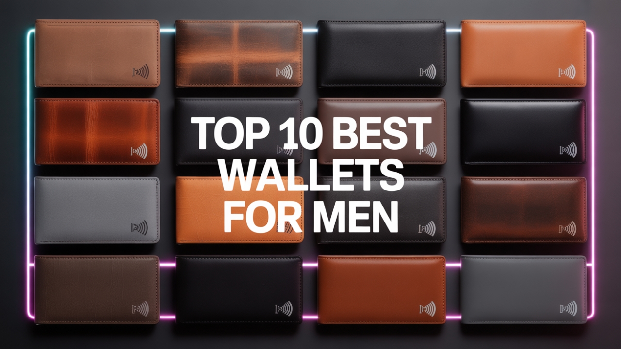 Best Slim Men’s Wallets Review Minimalist wallets arranged with RFID security icons in neon light